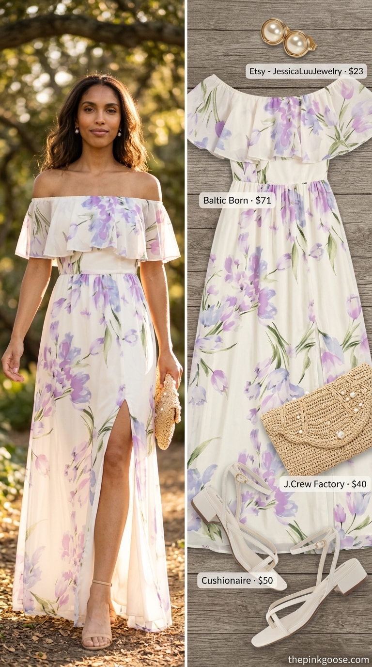 Garden Party Maxi Dress 2026 Romantic lavender floral print off-shoulder maxi dress for a garden party, with wicker clutch and pearl earrings.
