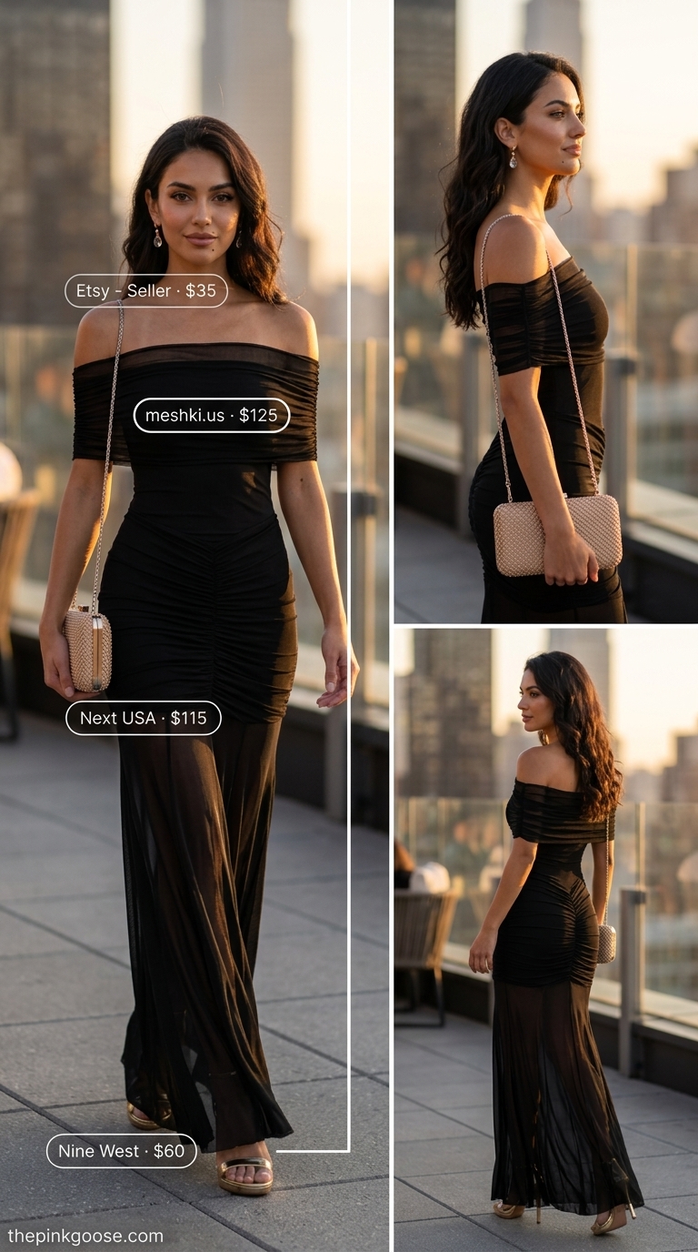Ombre Off Shoulder Maxi Dress 2026: Urban Night Out Sultry sunset ombre off shoulder summer flowy maxi dress 2026 for urban drinks, styled with metallic heels.