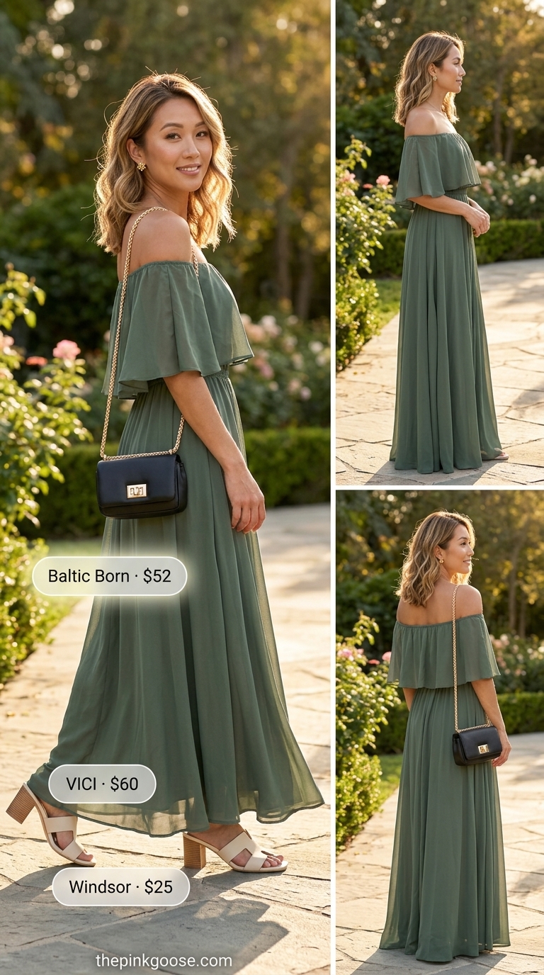 Sage Green Off Shoulder Maxi Dress 2026: Garden Party Style Elegant sage green off shoulder summer flowy maxi dress 2026 for a garden party, styled with block heels.