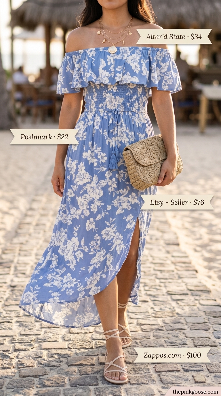 Resort Maxi Dress 2026 Ocean breeze sky blue floral off-shoulder maxi dress for resort wear, with straw clutch and layered gold necklace.