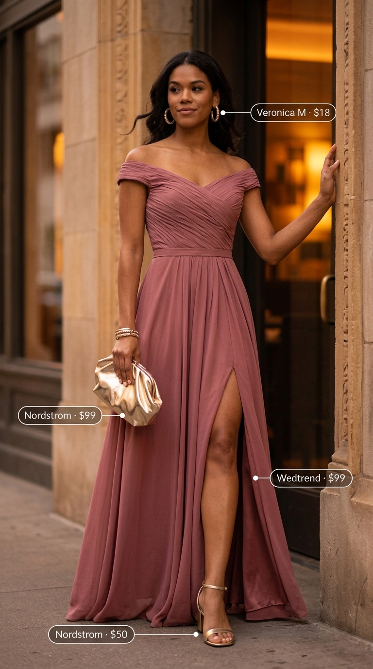 Glamorous Summer Maxi Dress 2026 Glamorous rust orange off-shoulder maxi dress for cocktail hour, paired with gold sandals, clutch, and statement earrings.