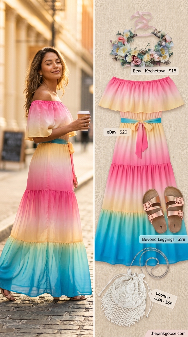 Festival Maxi Dress 2026 Sunset ombre off-shoulder maxi dress for festivals, with fringe bag, metallic sandals, and flower crown.