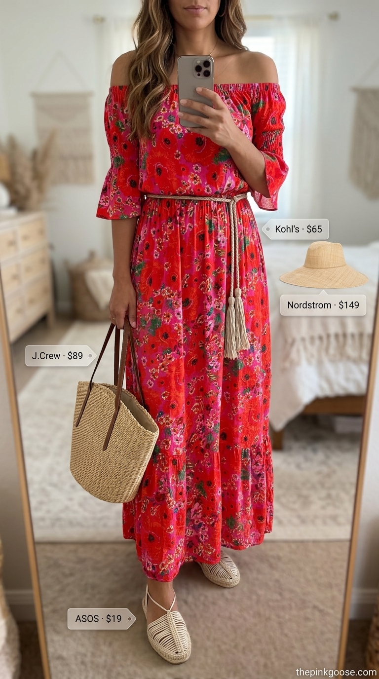 Terracotta Off Shoulder Maxi Dress 2026: Boho Beach Style Boho terracotta floral print off shoulder summer flowy maxi dress 2026 for beachside bliss, styled with straw hat.