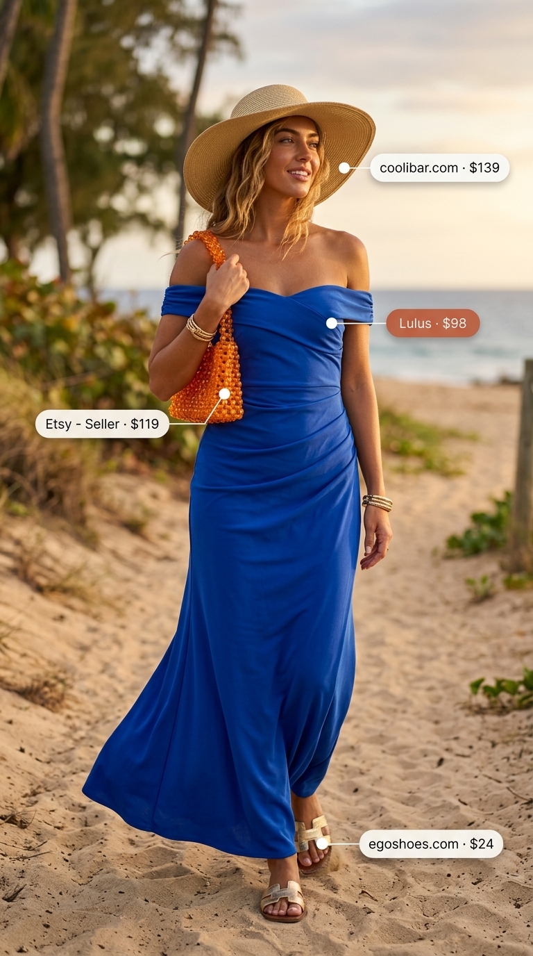 Tropical Summer Maxi Dress 2026 Tropical cobalt blue off-shoulder maxi dress with smocked bodice, paired with straw hat, gold sandals, and beaded bag.