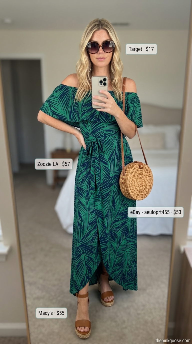 Tropical Off Shoulder Maxi Dress 2026: Vacation Explorer Vibrant navy and jungle green tropical print off shoulder summer flowy maxi dress 2026 for vacation sightseeing.