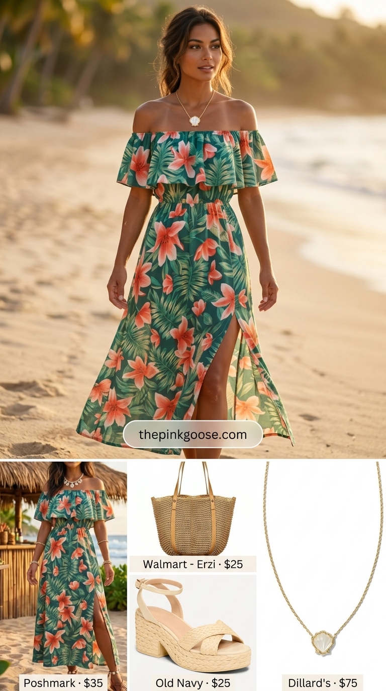 Tropical Off Shoulder Maxi Dress 2026: Vacation Style Vibrant tropical print off shoulder summer flowy maxi dress 2026, perfect for vacation with espadrilles and a straw hat.