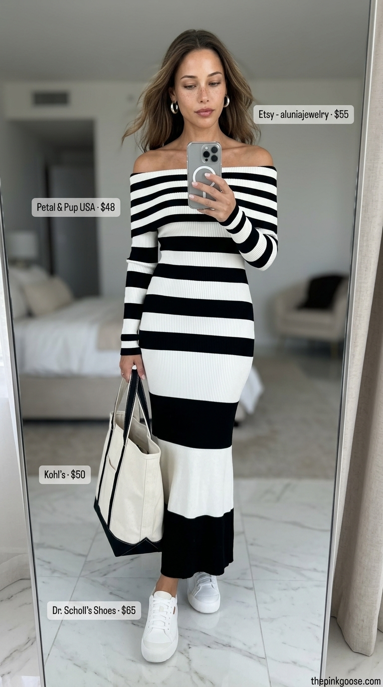 Urban Summer Off Shoulder Maxi Dress 2026 Urban summer stroll outfit featuring a black and white stripe off-shoulder maxi dress, canvas tote, sneakers, and baseball cap.