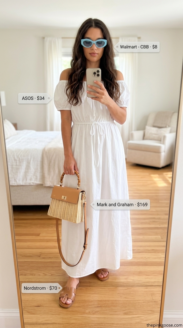 White Off Shoulder Maxi Dress 2026: Riviera Brunch Style Crisp white off shoulder summer flowy maxi dress 2026, perfect for a Riviera brunch with wicker bag and slides.