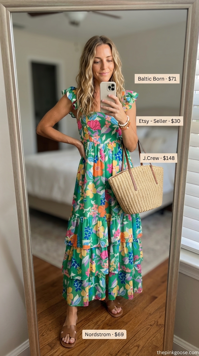 Boho floral maxi dress for pant outfits summer for women 2026. Free-spirited festival wear with straw tote.