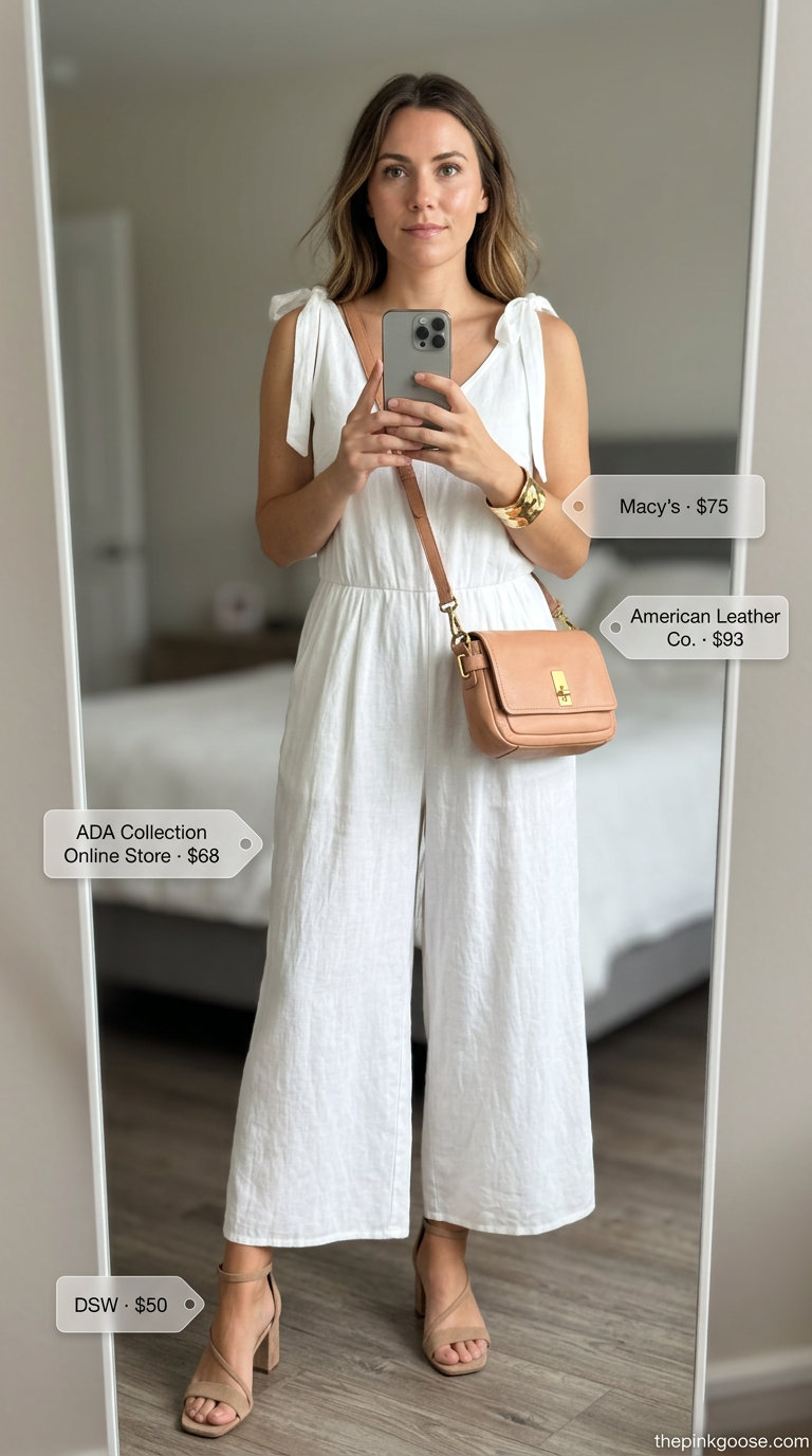 White linen jumpsuit outfit for women 2026: block heels, crossbody bag, gold cuff.