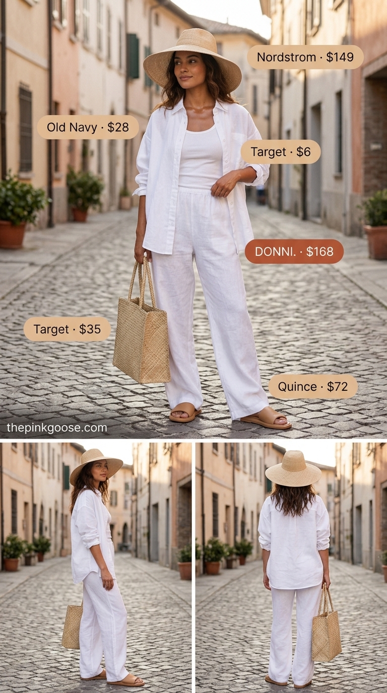 White linen shirt and shorts outfit for women 2026: straw hat, tote bag, slide sandals.