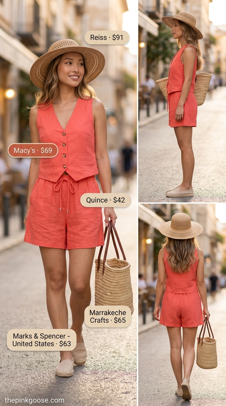 Coral linen matching set for pant outfits summer for women 2026. Chic resort wear with straw hat and espadrilles.