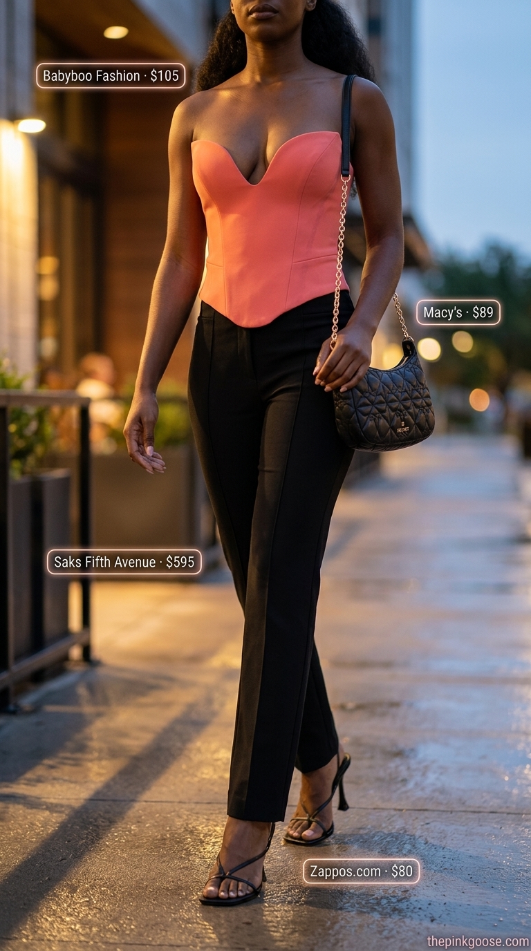 Glamorous pant outfits summer for women 2026 with black tailored pants, coral corset top, and strappy heels.