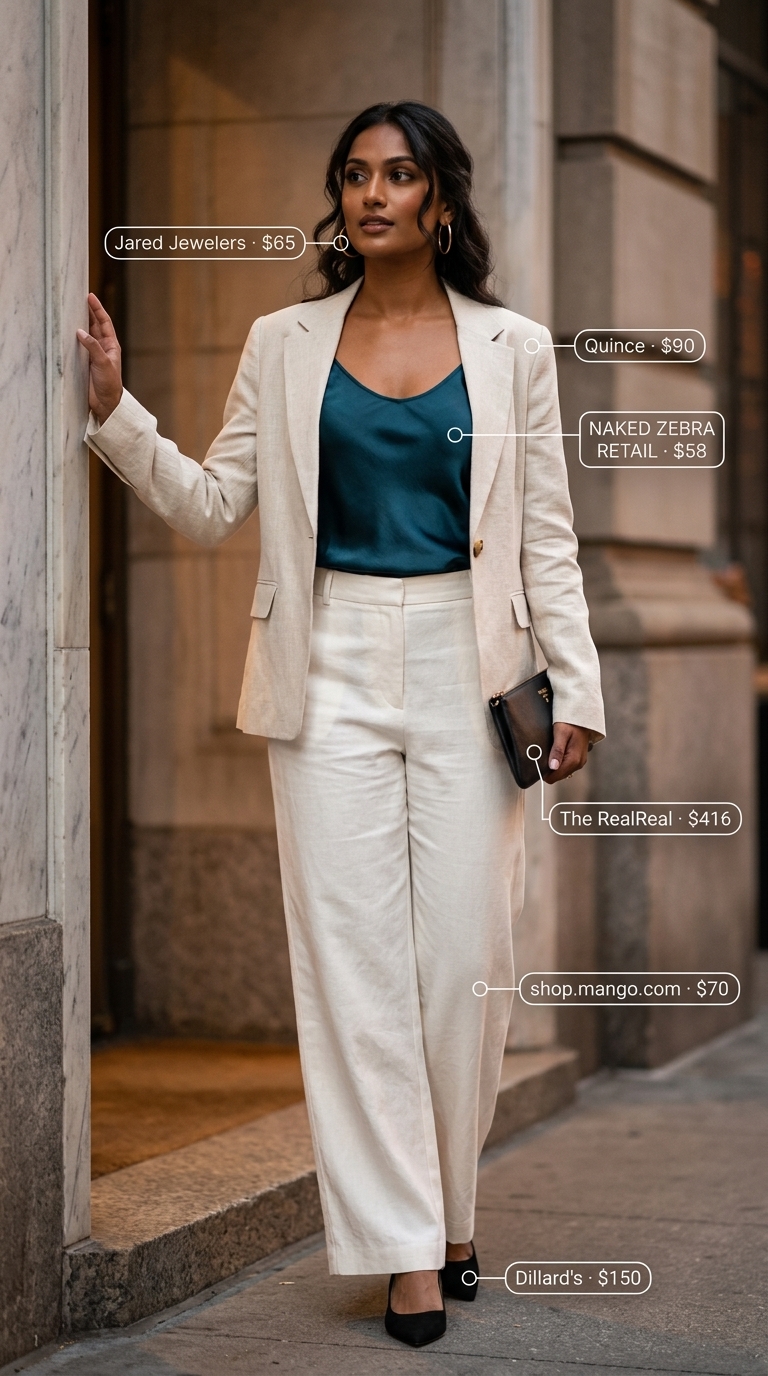 Cream tailored trousers with teal camisole for pant outfits summer for women 2026. Sophisticated evening look.
