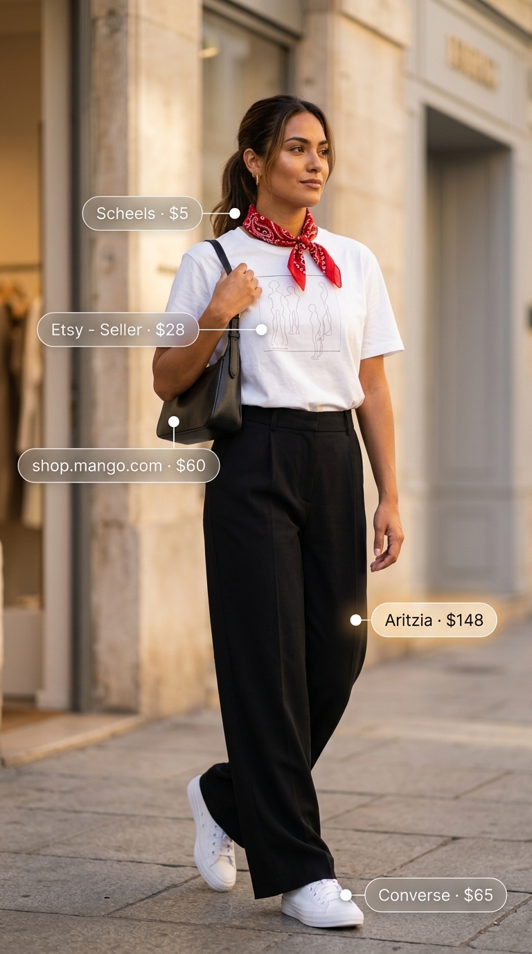 Casual pant outfits summer for women 2026 with denim jeans, white graphic tee, black crossbody bag, and red bandana.