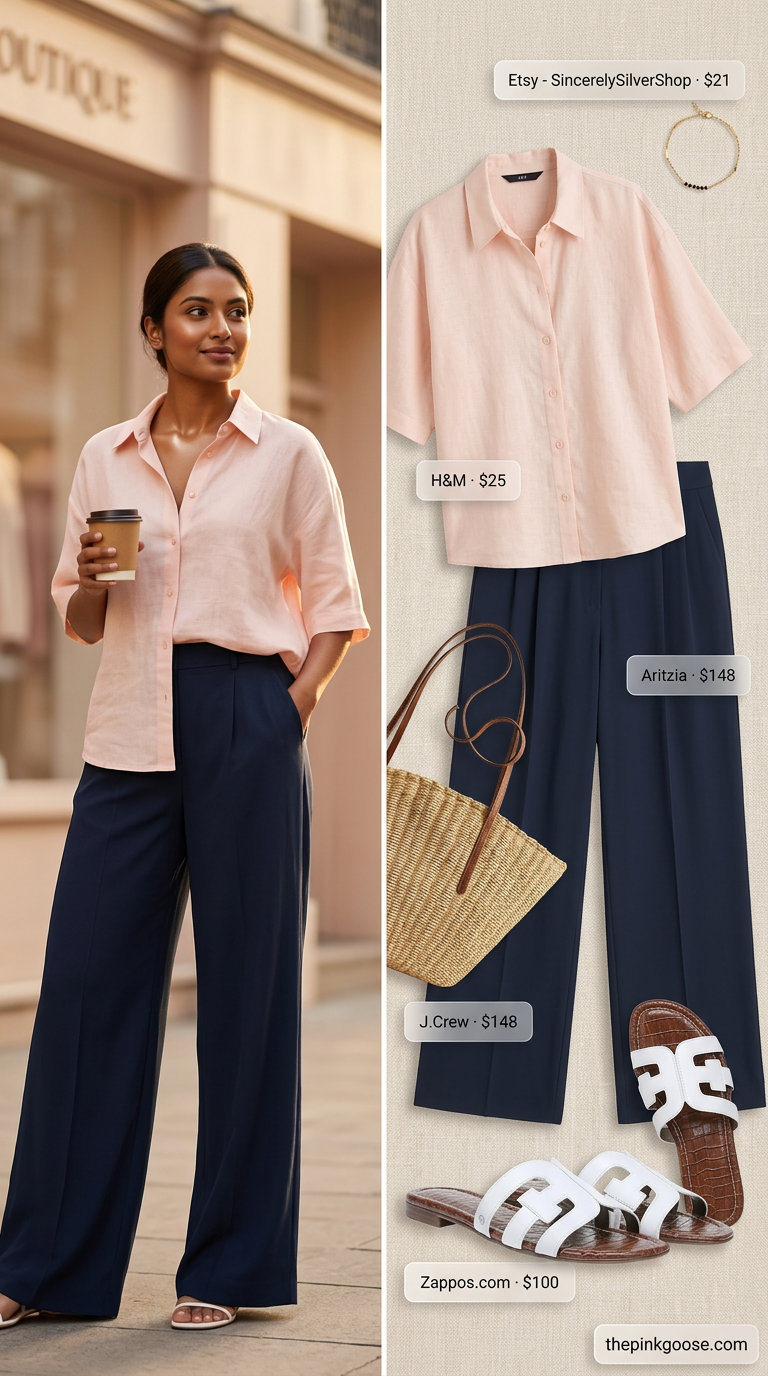 Blush pink linen shorts set outfit for women 2026: slides, straw tote, gold bracelet.