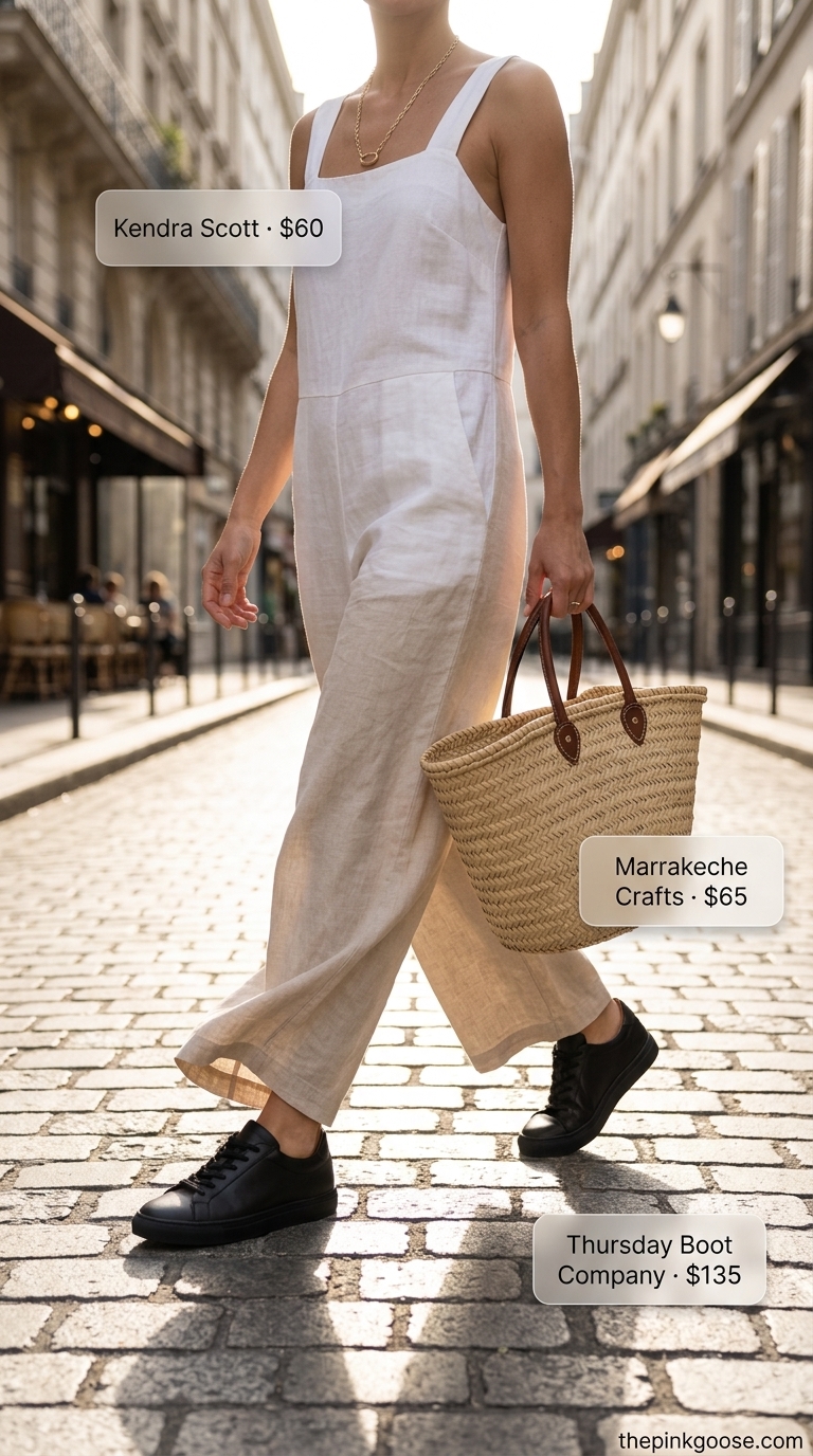 Chic pant outfits summer for women 2026 in a beige linen wide-leg jumpsuit with white sneakers and straw bag.