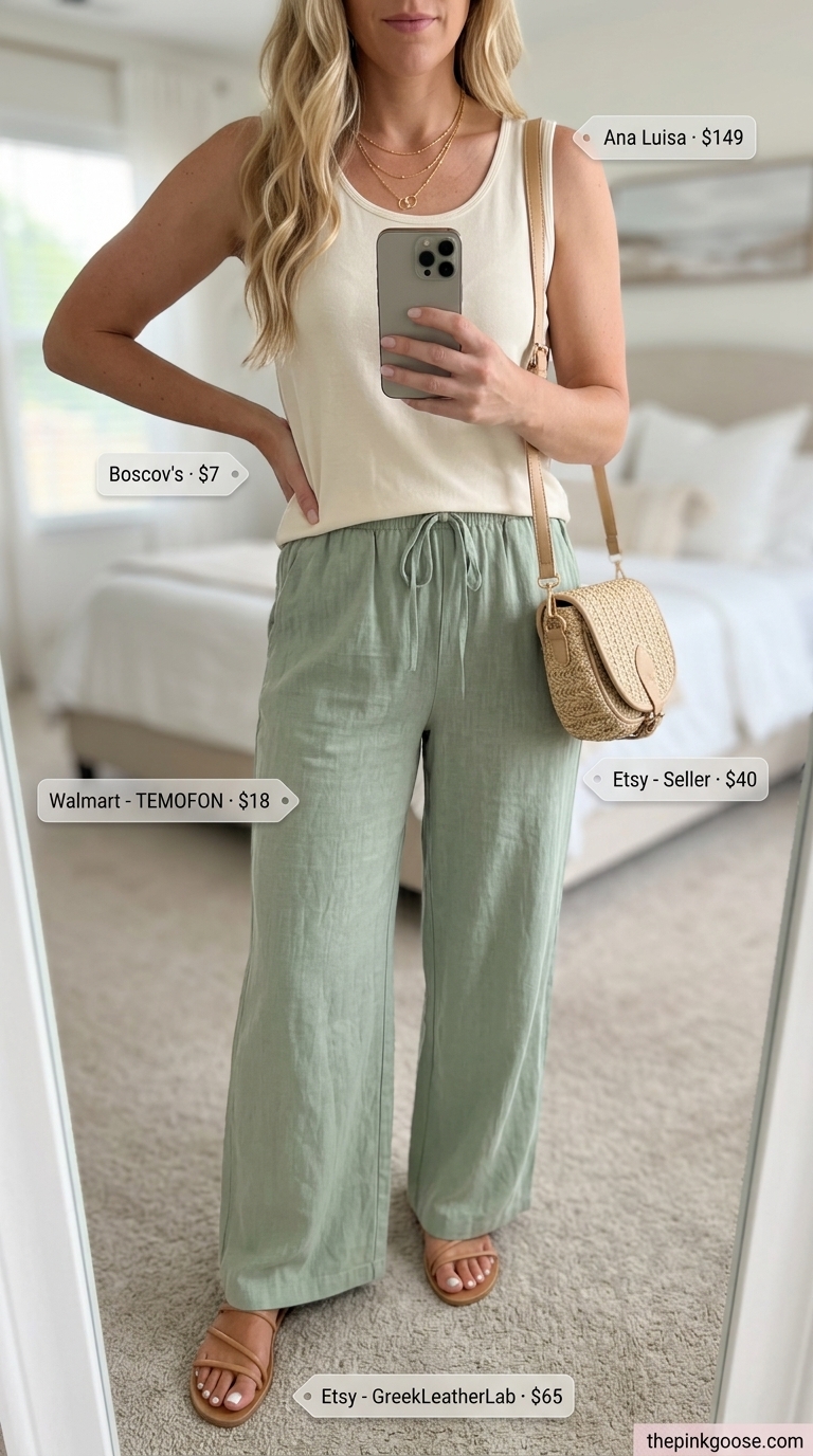 Relaxed pant outfits summer for women 2026 with sage green linen pants, cream knit top, and straw bag.