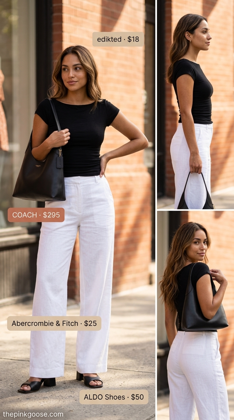 Sophisticated pant outfits summer for women 2026 with white wide-leg trousers, black knit top, and gold accessories.