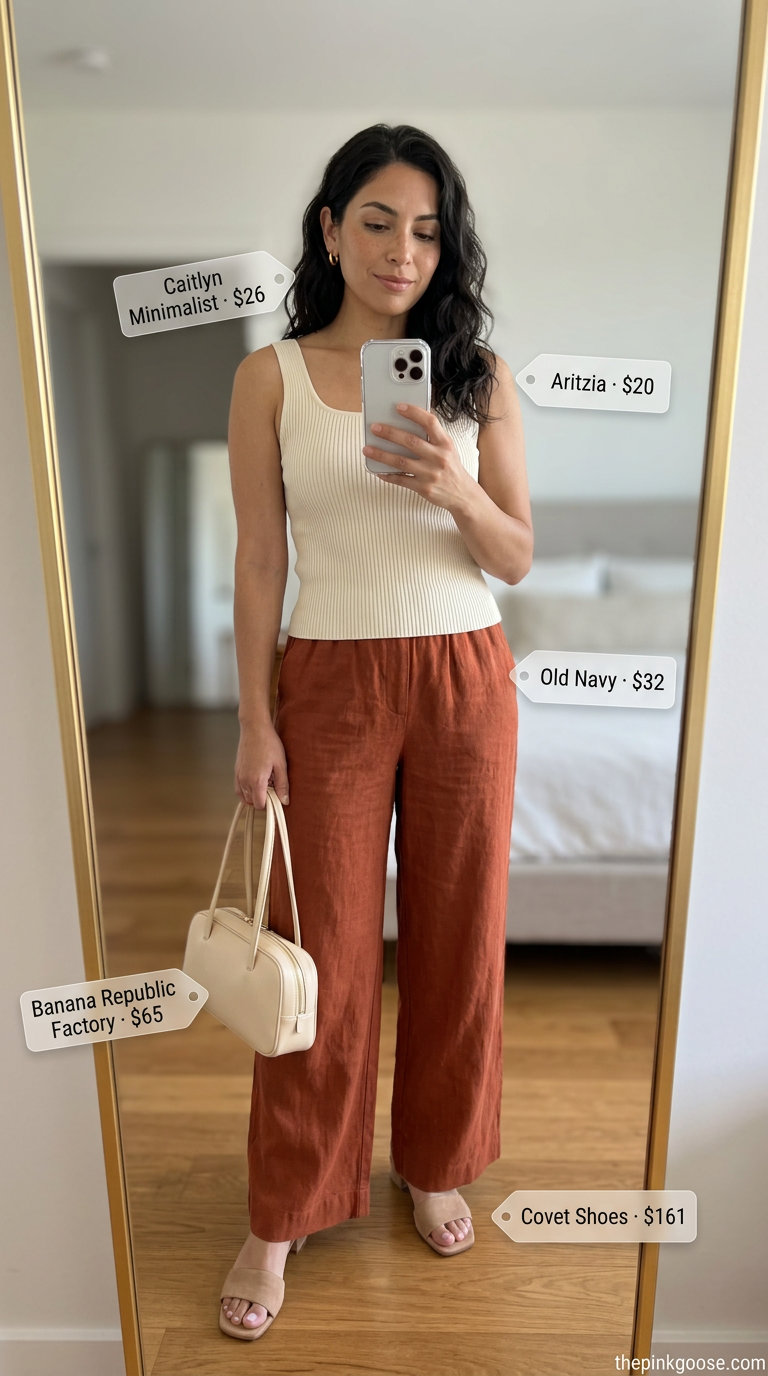 Terracotta linen wide-leg pants outfit for women 2026: knit top, mules, top-handle bag.