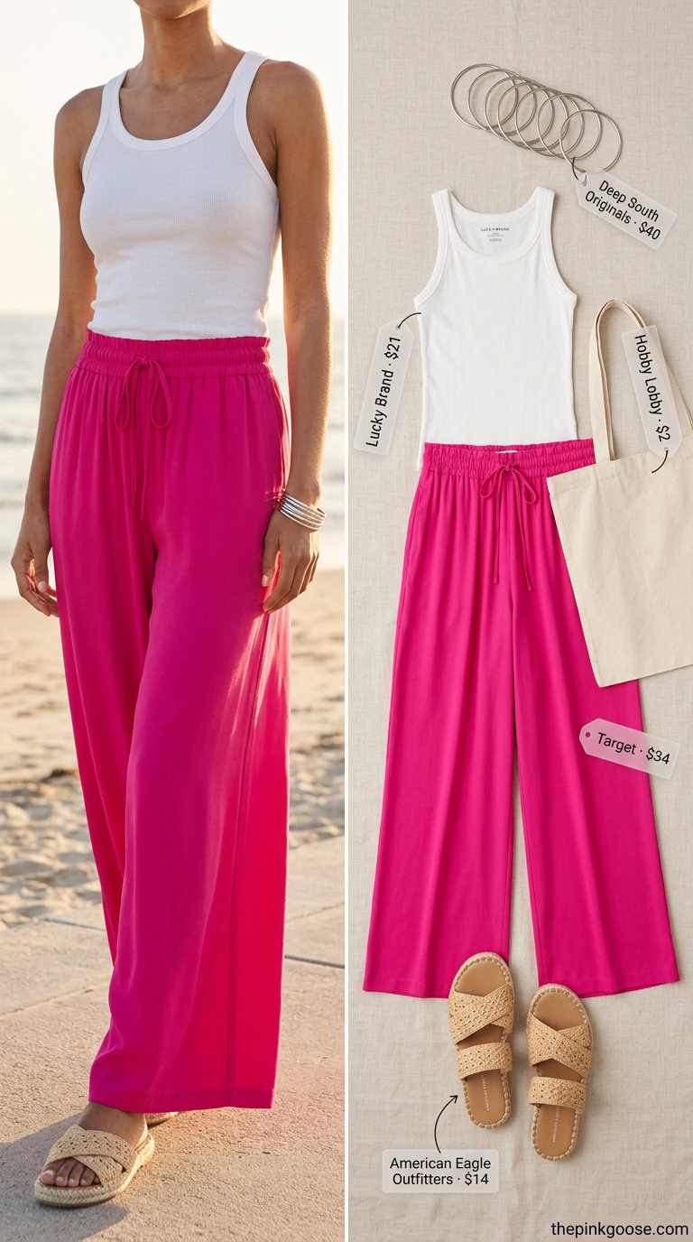 Vibrant pant outfits summer for women 2026 with fuchsia palazzo pants, white top, and espadrille sandals.