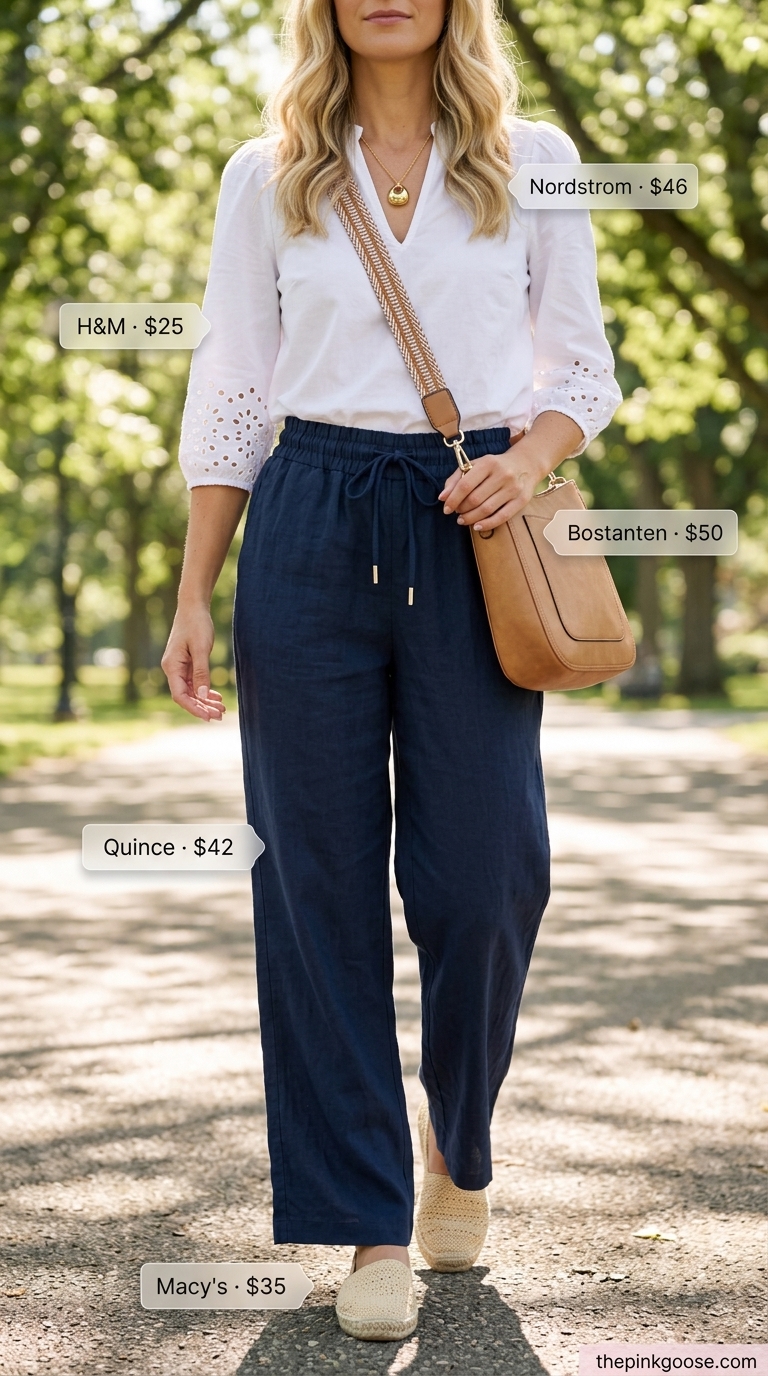 Pale blue eyelet blouse with white pants for pant outfits summer for women 2026. Feminine picnic style.