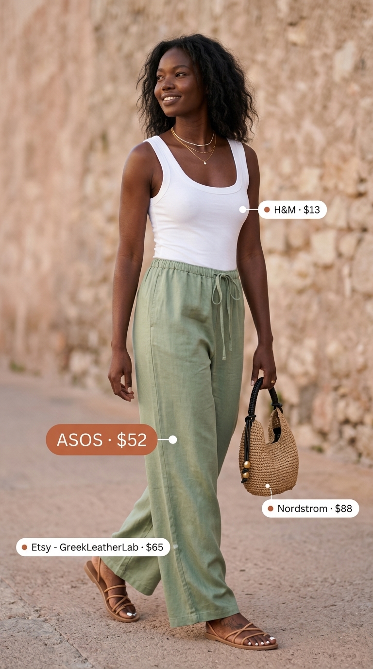 Sage green linen wide-leg pants for pant outfits summer for women 2026. Relaxed beachside style with tank and straw bag.