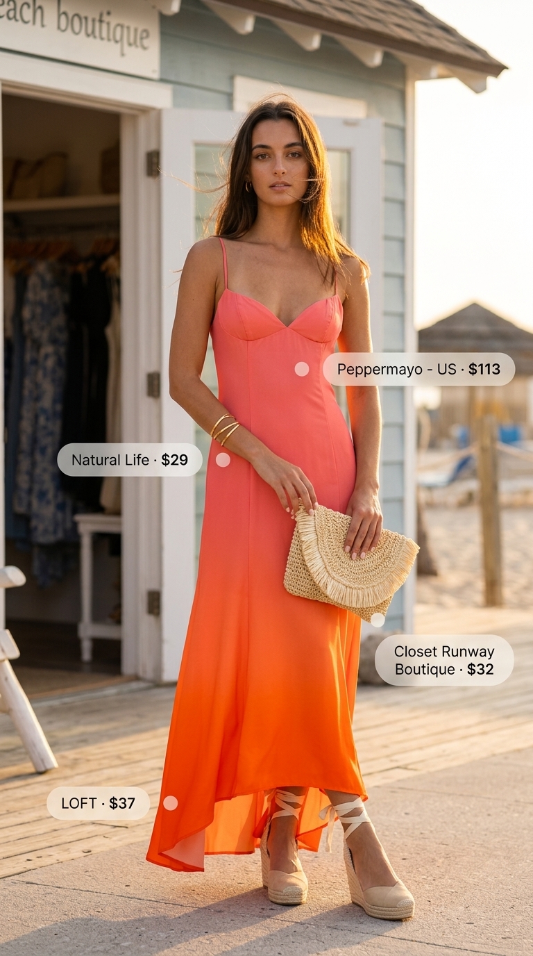 Gradient maxi dress outfit for women 2026: espadrilles, clutch, gold cuff.