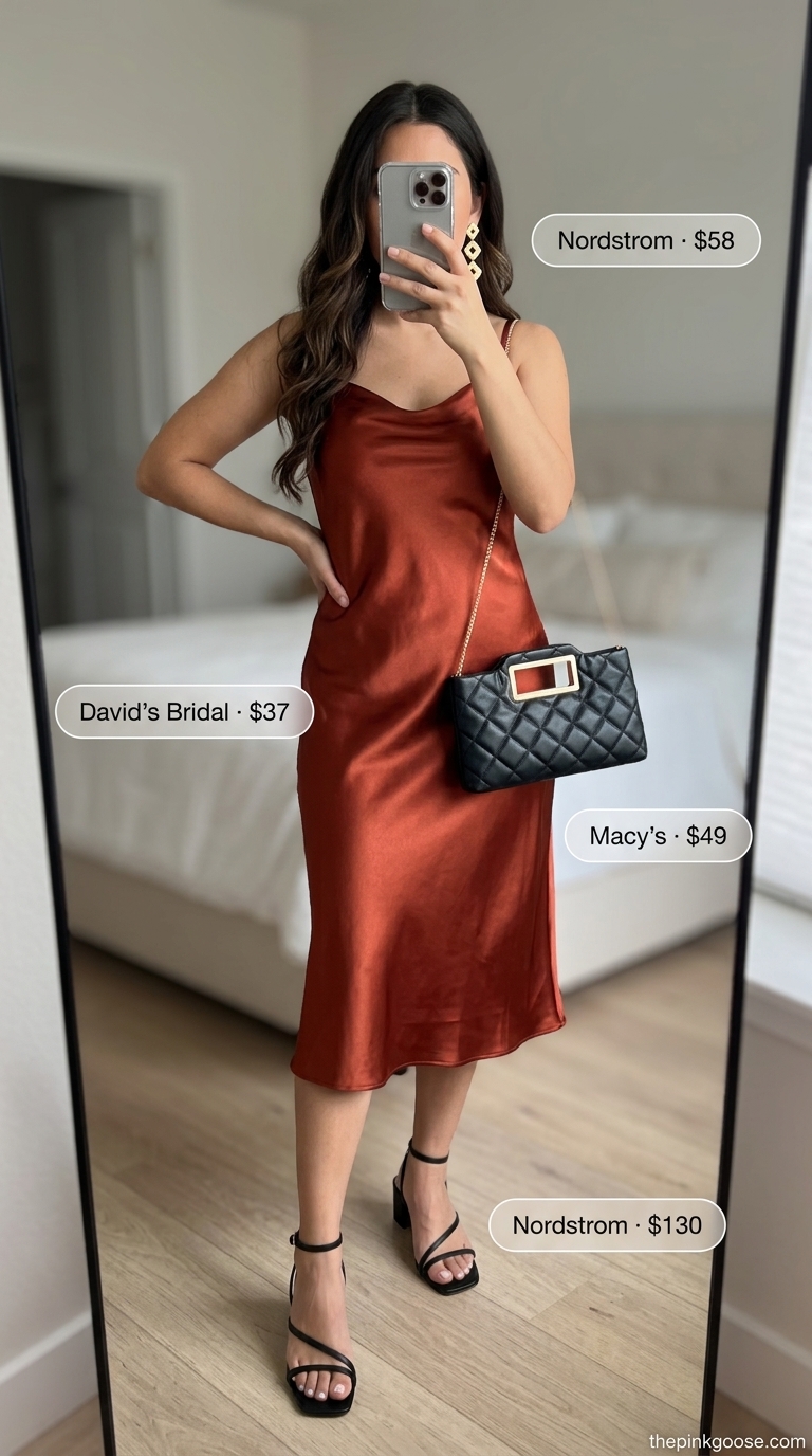 Coral satin slip dress outfit for women 2026: black sandals, gold earrings, clutch.