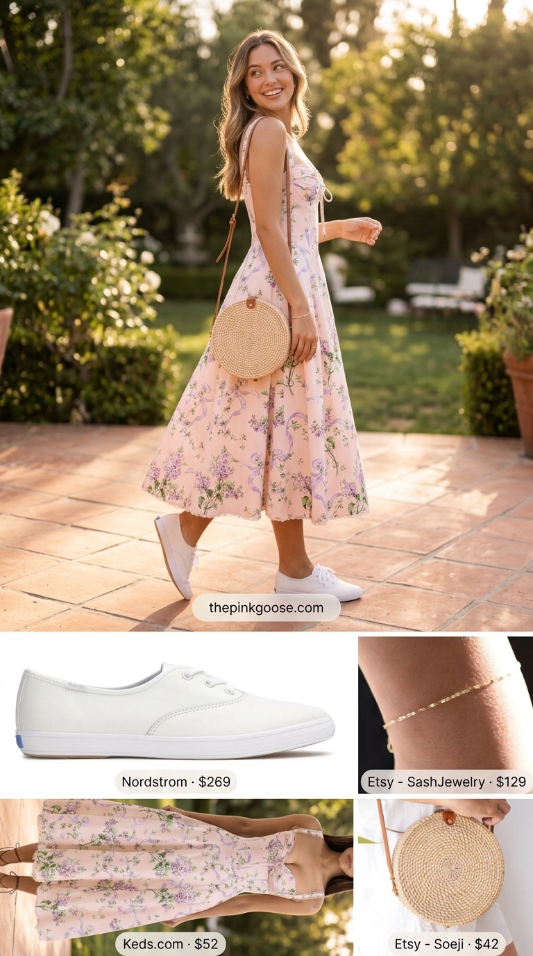 Pastel pink floral sundress outfit for women 2026: white sneakers, wicker bag, gold bracelet.
