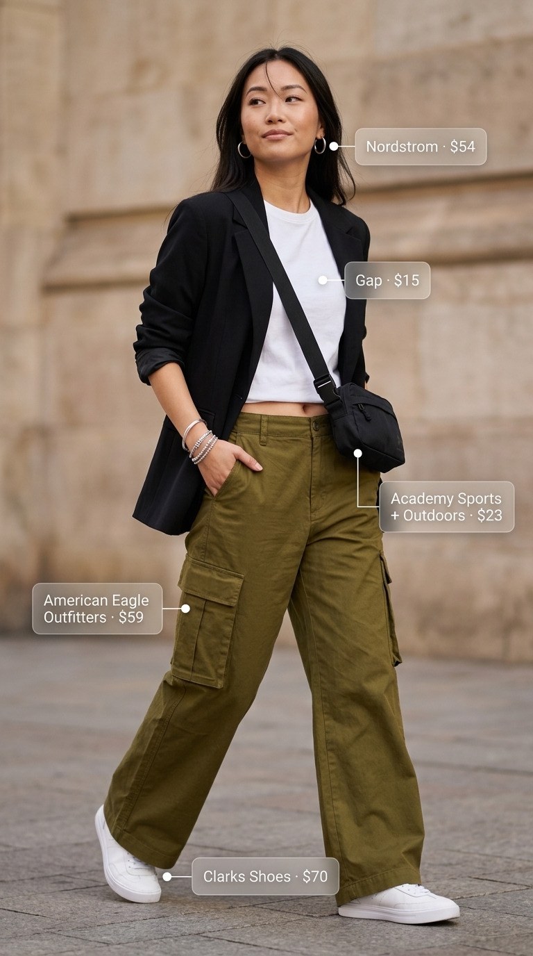 Olive green cargo pants outfit for women 2026: white tee, denim jacket, belt bag, sneakers.
