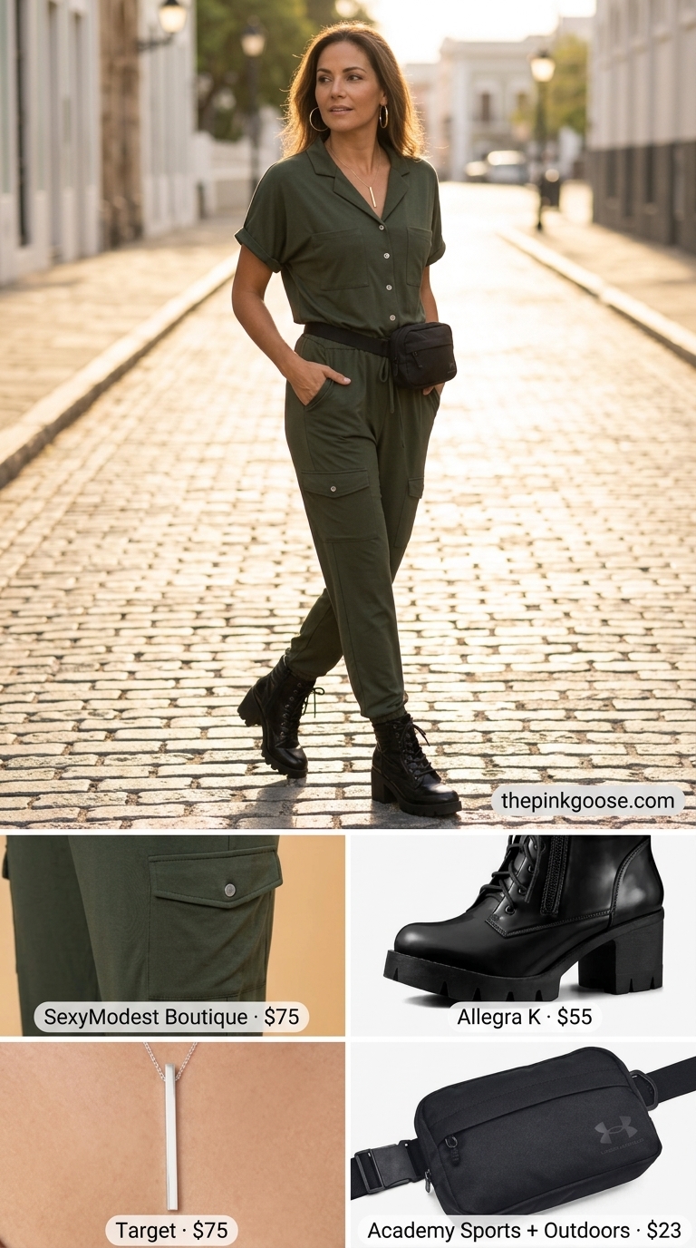 Modern pant outfits summer for women 2026 in an olive green utility jumpsuit with combat boots and silver jewelry.