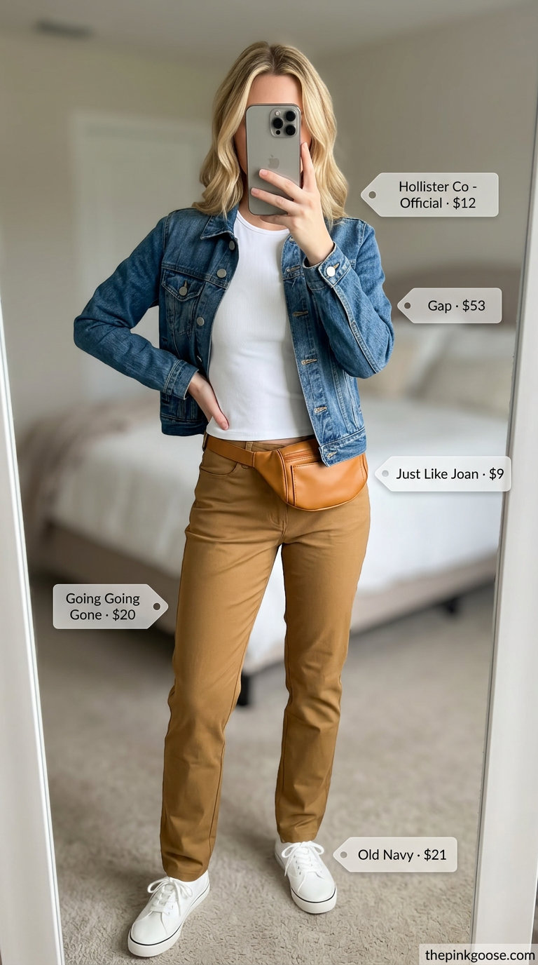 Khaki cargo shorts outfit for women 2026: white tee, denim jacket, belt bag, sneakers.