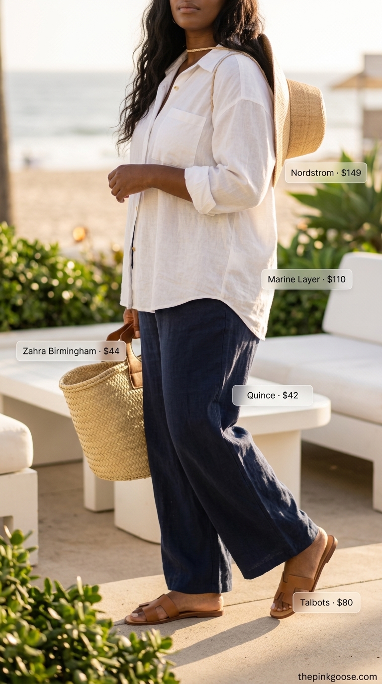 White linen oversized shirt for pant outfits summer for women 2026. Bohemian beach cover-up with straw hat.