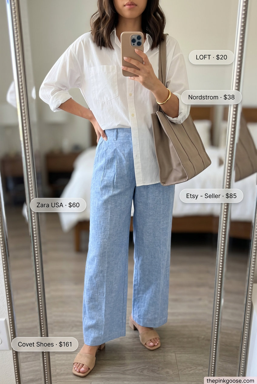 Pastel blue wide-leg trousers with white shirt and nude mules. Pink pastel summer outfits for women 2026.
