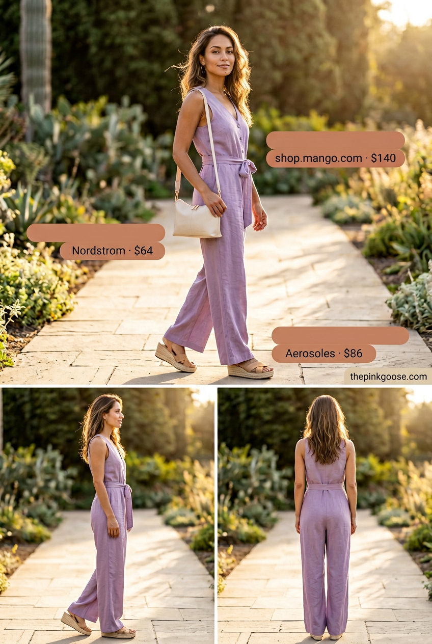 Pink pastel summer outfits for women 2026: Lavender linen jumpsuit, espadrille sandals, crossbody bag, gold hoops.