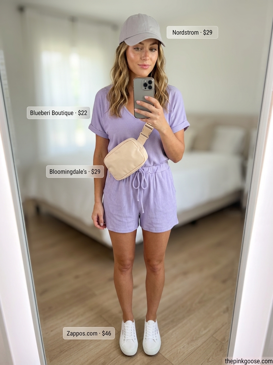 Soft lilac linen romper with white sneakers and grey cap. Pink pastel summer outfits for women 2026.