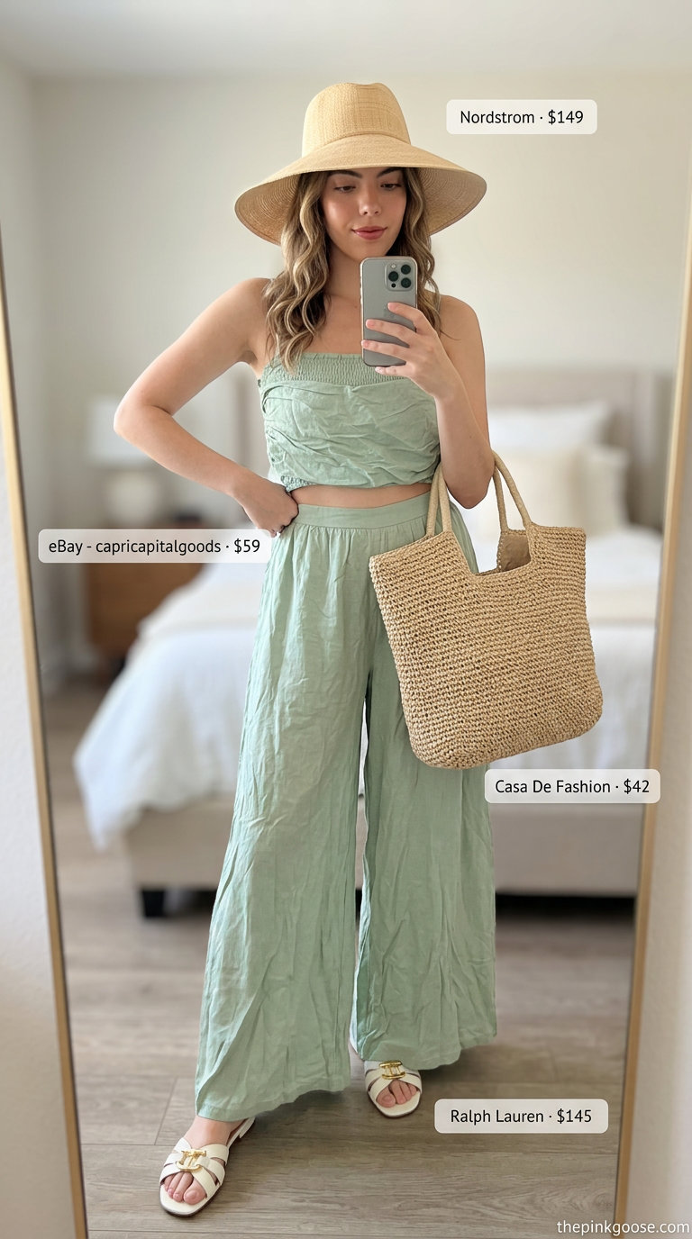 Pastel mint green co-ord set with straw tote and white sandals. Pink pastel summer outfits for women 2026.