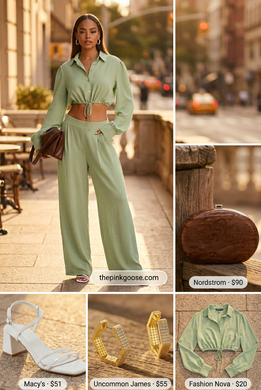 Mint green linen wide-leg pants and cropped top with white clutch. Pink pastel summer outfits for women 2026.