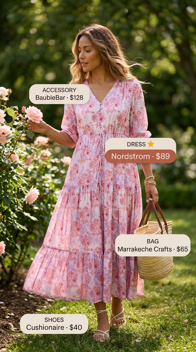 Pink pastel summer outfits for women 2026: Lavender floral maxi dress, nude sandals, straw tote, gold necklaces.