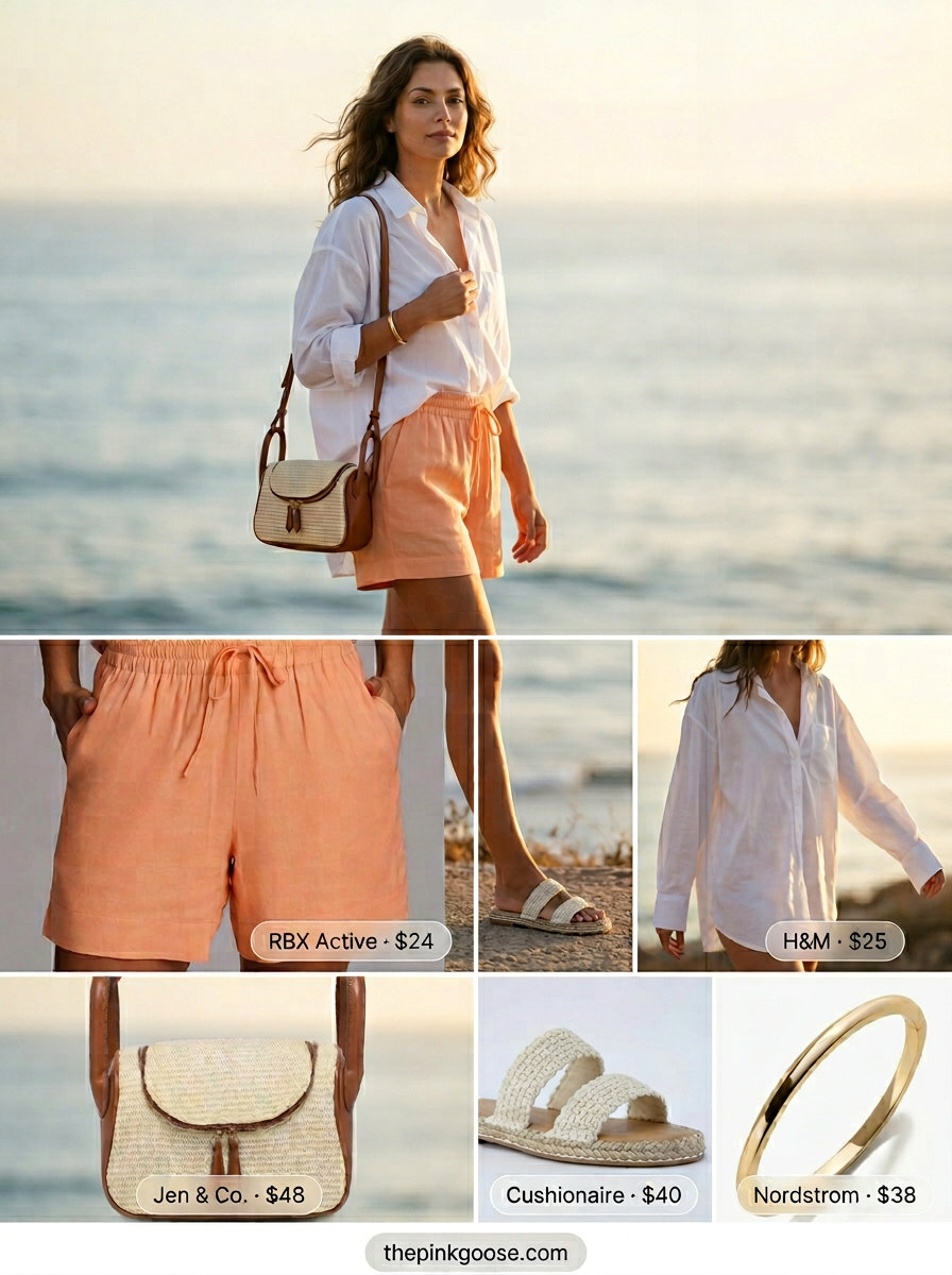 Peach linen shorts with oversized white shirt and straw bag. Pink pastel summer outfits for women 2026.