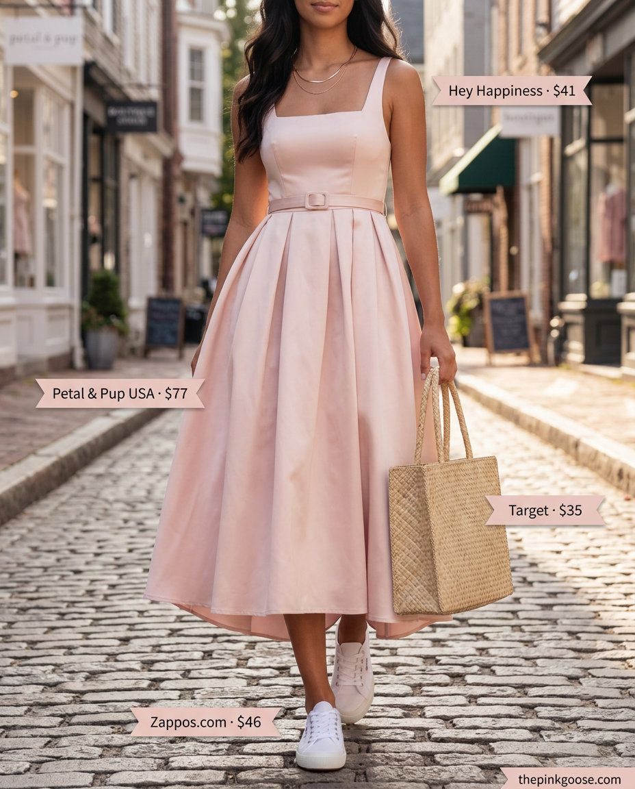 Pink pastel summer outfits for women 2026: Pale pink sundress, white sneakers, straw tote, rose gold jewelry.