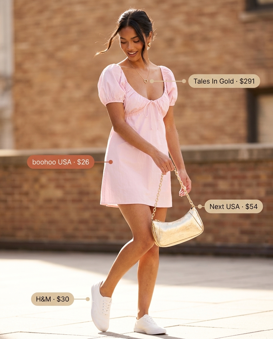 Pink pastel summer outfits for women 2026: Blush pink mini sundress, white sneakers, crossbody bag, gold necklace.