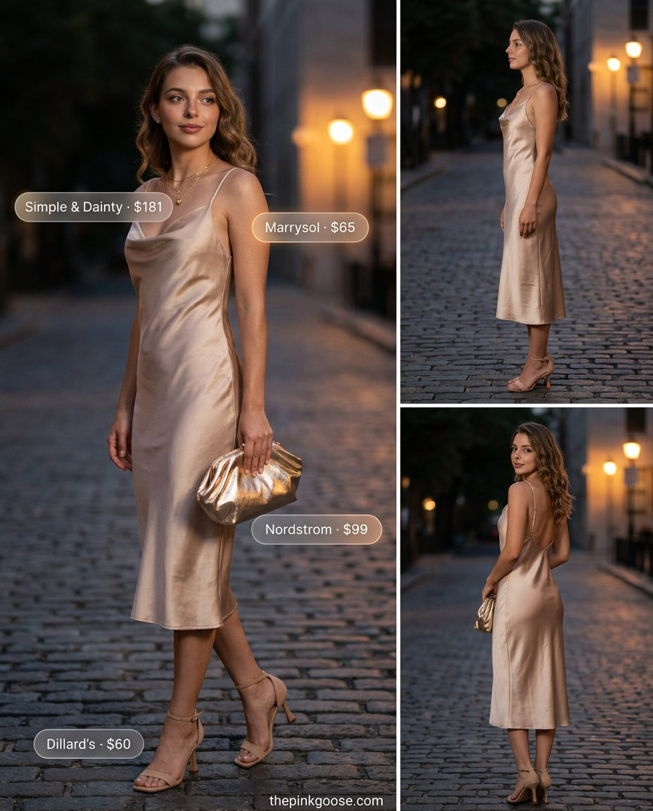 Pink pastel summer outfits for women 2026: Champagne slip dress, gold accessories & nude heels.