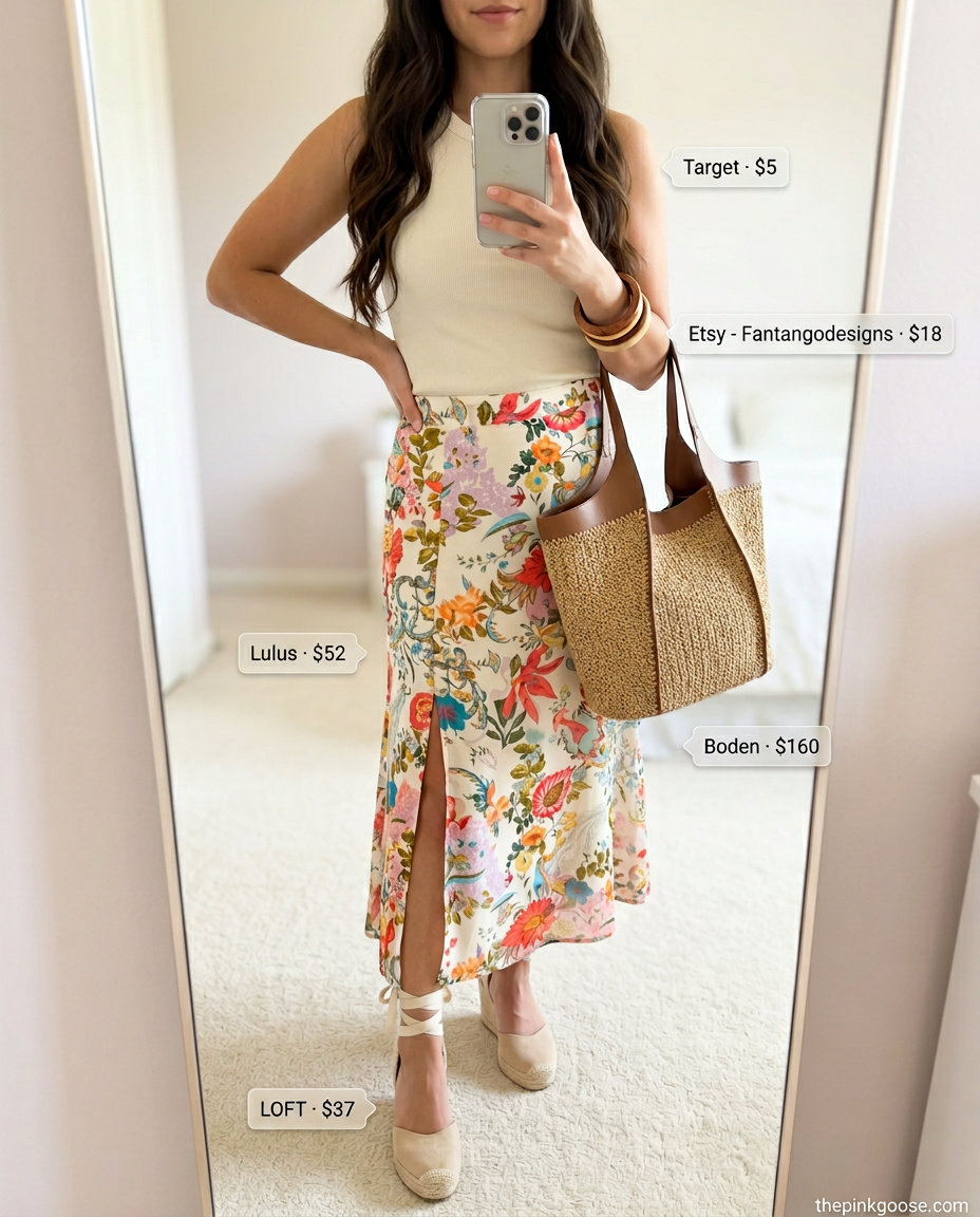 Pink pastel summer outfits for women 2026: Floral midi skirt, cream tank, espadrilles & straw tote.