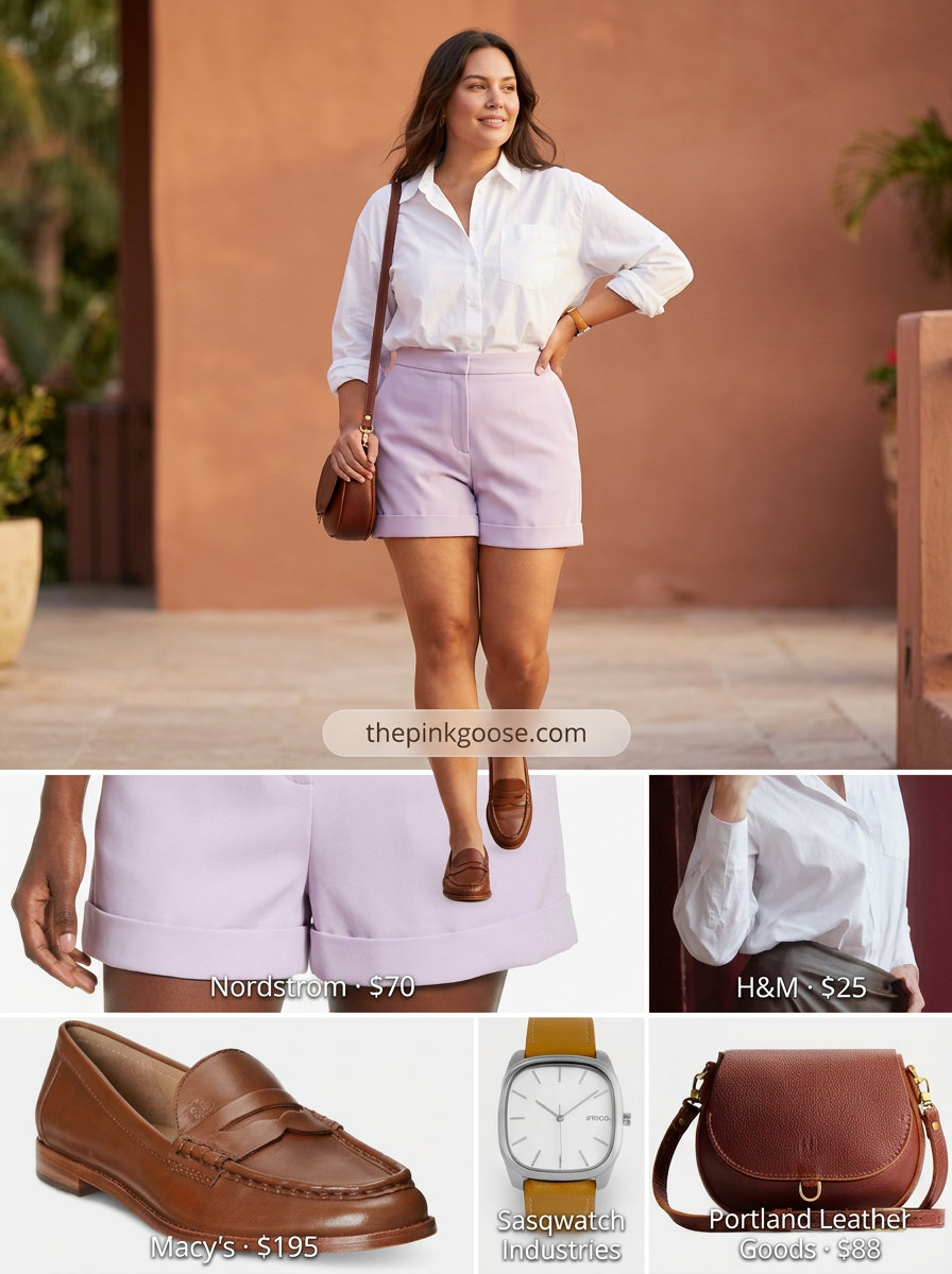 Pink pastel summer outfits for women 2026: Lilac shorts, white shirt, loafers & crossbody bag.