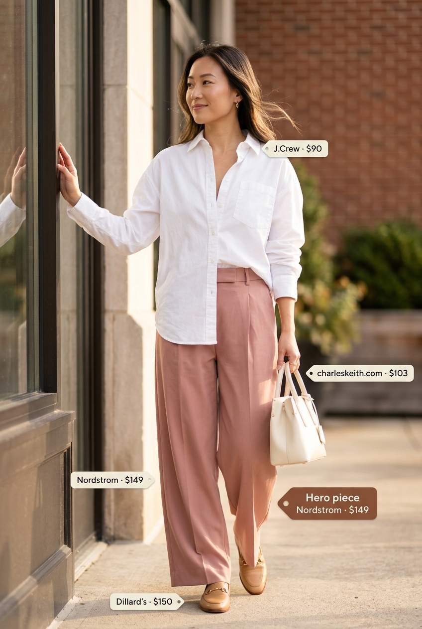 Pink pastel summer outfits for women 2026: Pastel pink linen pants, white shirt, loafers & structured bag.