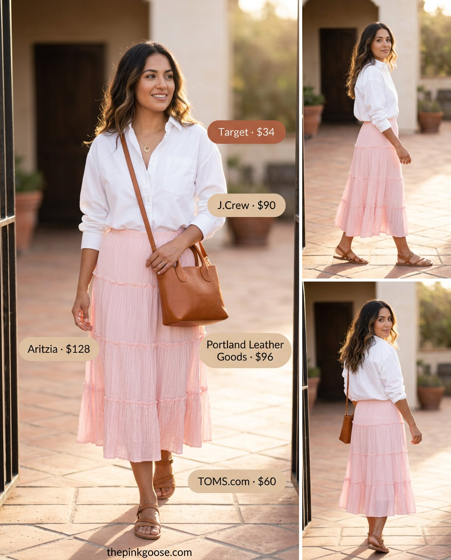 Pink pastel summer outfits for women 2026: Blush pink midi skirt, white oversized shirt, tan sandals & crossbody bag.
