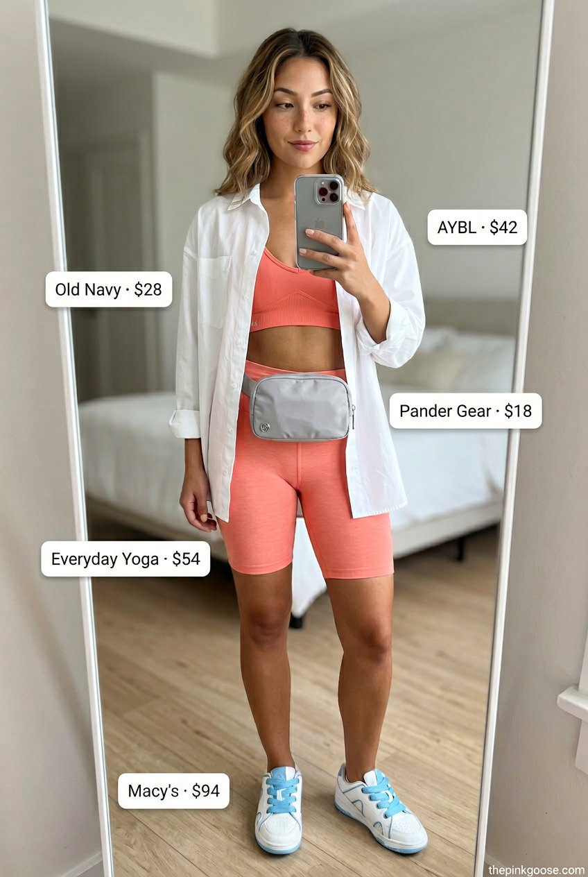 Pink pastel summer outfits for women 2026: Peach biker shorts, white shirt, sneakers & belt bag.