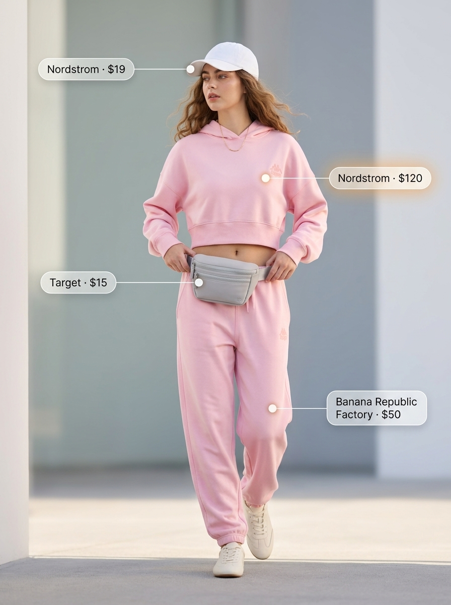 Pink pastel summer outfits for women 2026: Soft pink matching set, white sneakers & belt bag.